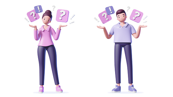 Illustration of 3d man and woman with question and exclamation marks on white background