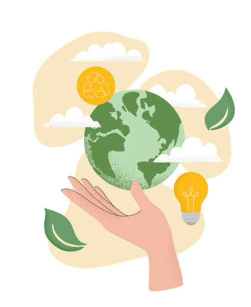 ilustrasi vektor tangan manusia memegang bola bumi, ikon daur ulang, bola lampu, daun dan awan. konsep hari lingkungan hidup sedunia, selamatkan bumi, keberlanjutan, gaya hidup tanpa limbah ekologis - keberlanjutan ilustrasi stok