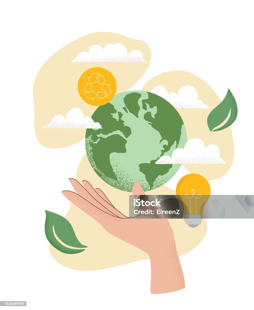 Vector illustration of human hand holding Earth globe, Recycle icon, light bulb, leaves and clouds. Concept of World Environment Day, Save the Earth, sustainability, ecological zero waste lifestyle - Royaltyfri Hållbara resurser vektorgrafik