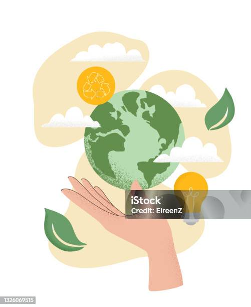 Vector Illustration Of Human Hand Holding Earth Globe Recycle Icon Light Bulb Leaves And Clouds Concept Of World Environment Day Save The Earth Sustainability Ecological Zero Waste Lifestyle-vektorgrafik och fler bilder på Hållbara resurser