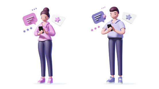 Illustration of 3d man and woman with a smart phone and speech bubble on white background