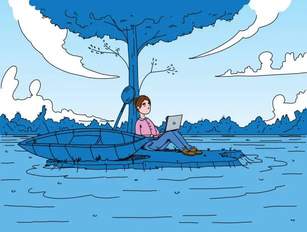 Vector illustration of Worker working remotely on a small island, in the middle of a calm river, boat pulled to the side, wide nature surrounding them. Illustration with simple, flat bold blue colors.