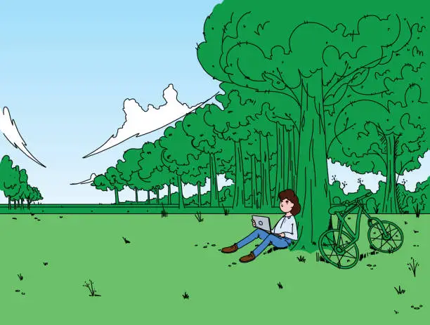 Vector illustration of Worker working remotely in the forest, in the middle of a remote clearing, bicycle leaning on a tree, large grass field surrounding them. Illustration with simple, flat bold green colors.