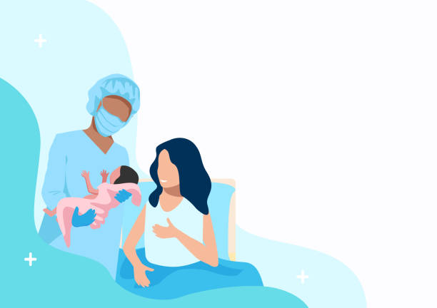 woman after childbirth with baby Happy woman in labor in the delivery room with a newborn baby and a nurse. Childbirth and the joy of motherhood. Vector horizontal illustration on an abstract minimalistic background with copy space for text. childbirth stock illustrations