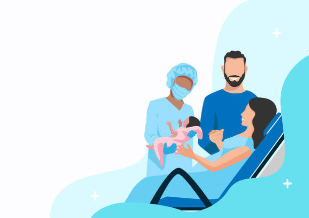 partner childbirth A pregnant woman gives birth to a baby in a maternity hospital. Partner childbirth. Thanks to the doctors and nurses. Vector horizontal illustration on an abstract minimalistic background with copy space for text. childbirth stock illustrations