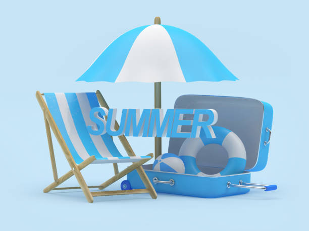 istock Deck chair with beach umbrella and travel suitcase with text summer 1326071934