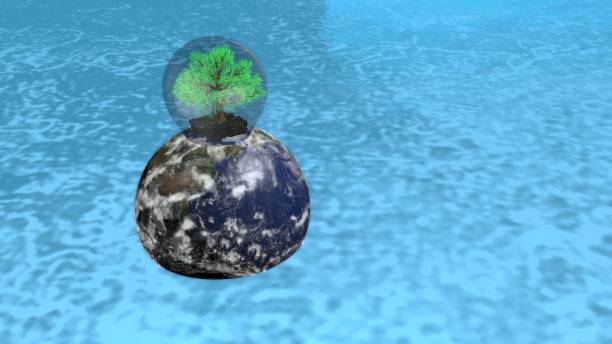 istock 3D illustration of Planet Earth globe floating over water with a tree at the top 1326072771