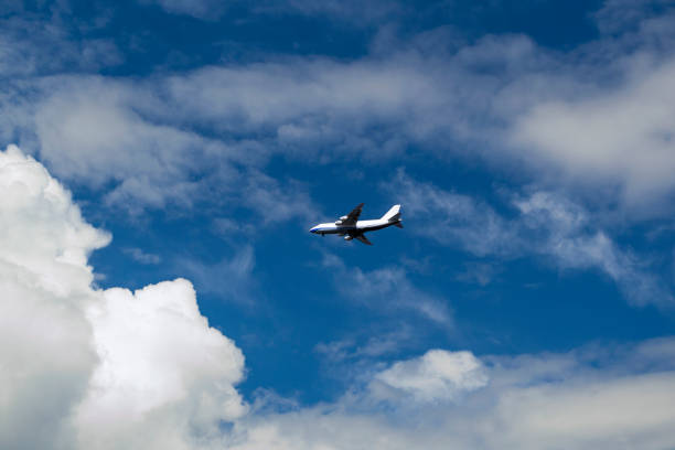 istock Aerial concept on a blue sky among white clouds and sunlight a passenger or cargo plane is flying 1326073438