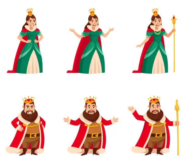 Vector illustration of King and quin in different poses.