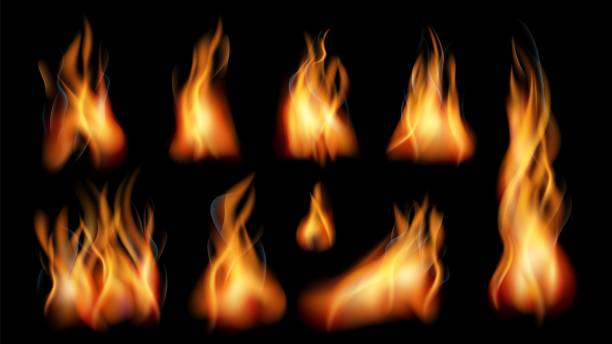 realistyczny ogień. jasne płomienie, płomienie izolowane na czarno. efekt dymu, kominek lub kolekcja wektorów palnika - wildfire smoke stock illustrations