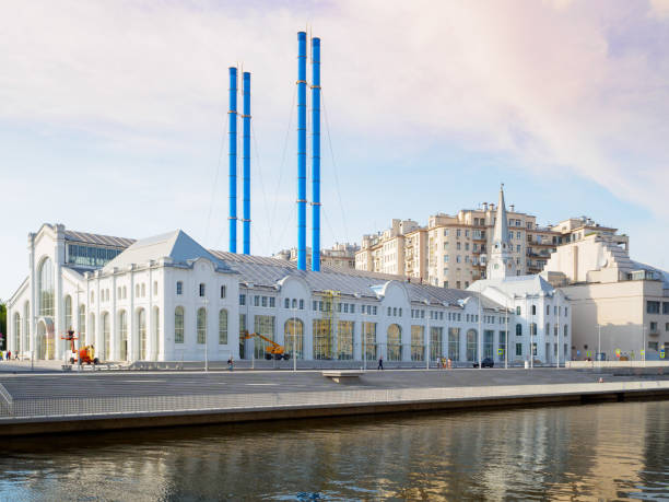 Former Hydroelectric Power Plant No. 2 in the center of Moscow. Moscow. Russia. June 26, 2021. Former Hydroelectric Power Plant No. 2 on Bolotnaya Embankment in the center of Moscow. The historic building is currently being renovated. period property photos stock pictures, royalty-free photos & images