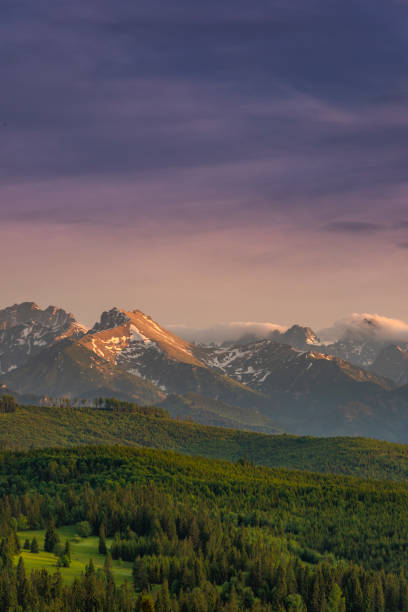 Sunset in Scenic Tatras Mountains in Poland .
