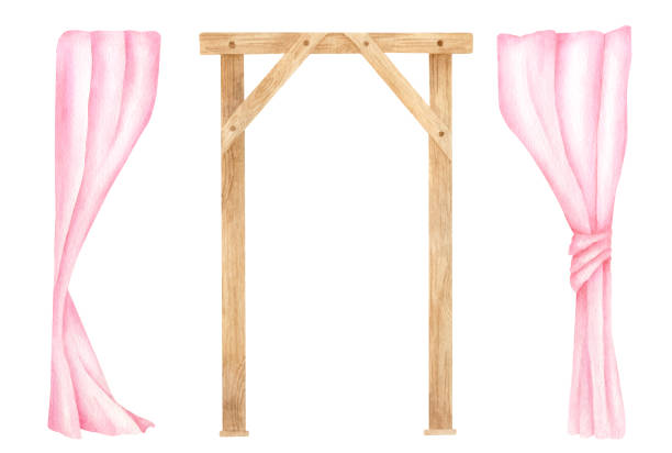 illustrations, cliparts, dessins animés et icônes de aquarelle arche carrée en bois avec rideaux roses. arc de mariage dessiné à la main avec une texture en bois - curtain tie