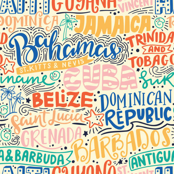 Around the World. CARIBBEAN vector lettering seamless pattern. Country and major cities Around the World. CARIBBEAN vector lettering seamless pattern. Country and major cities. Vector illustration grenada caribbean map stock illustrations