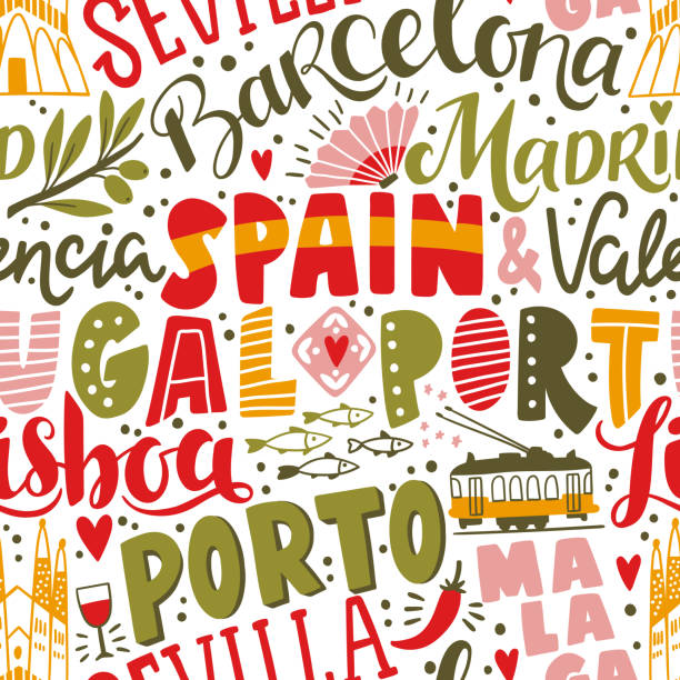 по всему миру. spain и portugal векторные надписи бесшовные шаблон. страна и крупные города - barcelona sevilla stock illustrations