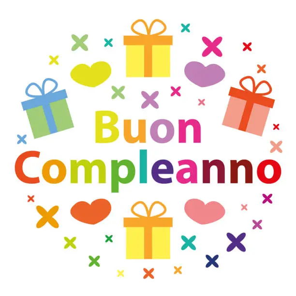 Vector illustration of Buon compleanno. Vector festive greeting card II. Happy birthday in italian.