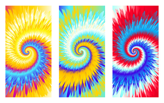 Abstract festive colorful background, Bright rainbow multicolor Tie Dye pattern, vector illustration. Crazy boho spiral swirl paint print. Set of three color variations, vertical banners