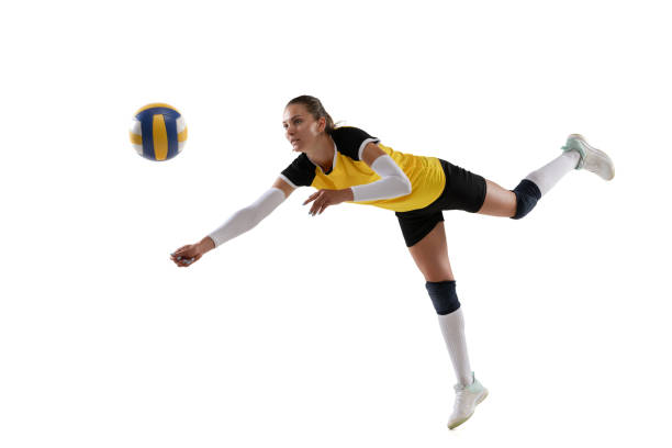istock Female professional volleyball player with ball isolated on white studio background. The athlete, exercise, action, sport, healthy lifestyle, training, fitness concept. 1326082166