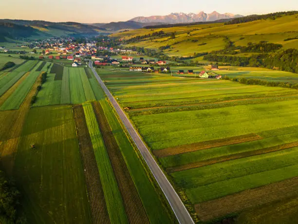 Kacwin Village in Spis Podhale, Poland. Tatra Mountains View. Aerial Drone Scenic Image.