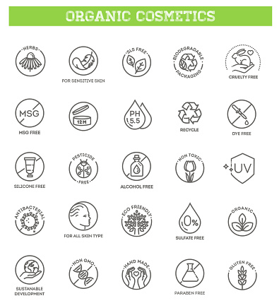 Collection of linear symbols or badges for natural eco friendly handmade products, organic cosmetics, vegan and vegetarian food isolated on white background