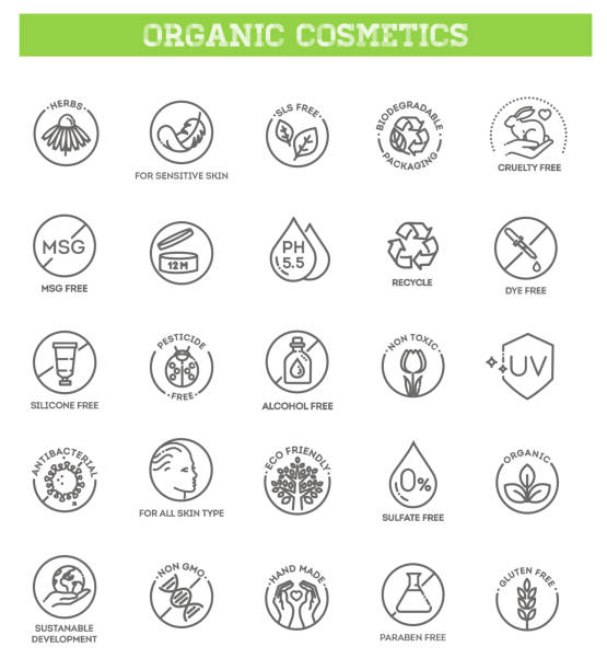Natural organic cosmetics, vegan food symbols. Thin signs for packaging Collection of linear symbols or badges for natural eco friendly handmade products, organic cosmetics, vegan and vegetarian food isolated on white background make up stock illustrations