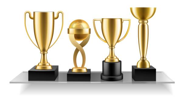 istock Cup on shelf trophy. Golden cup awards on glass shelves. Competitions winner awards. Championship and business achievement metallic prize. Vector realistic isolated illustration 1326085826