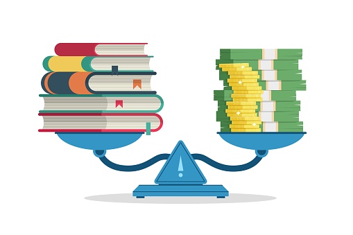 Education costs. Measure on scales value of knowledge and money. Cartoon isolated weigher with stack of books and gold coins. Price of studying in university or college. Vector expensive tuition fee