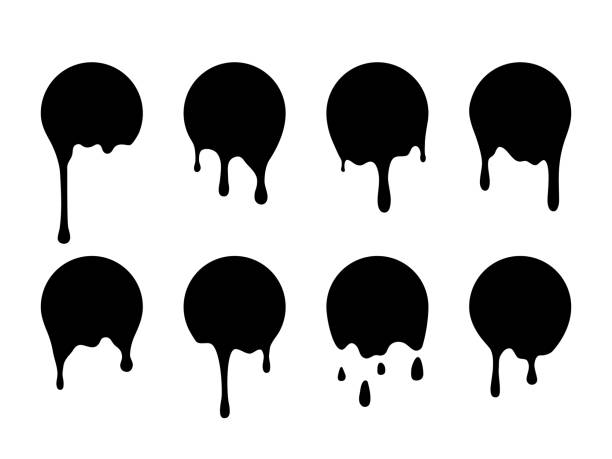 stockillustraties, clipart, cartoons en iconen met drip paint stickers. black melted badges. ink stains. dripping circles set. round shape silhouettes with flowing drops. abstract graffiti elements. fluid textures. vector dirty spots - druppels