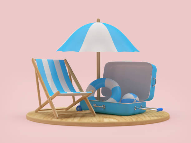 istock Chaise longue with an open travel suitcase under a beach umbrella on a stand. 1326085901