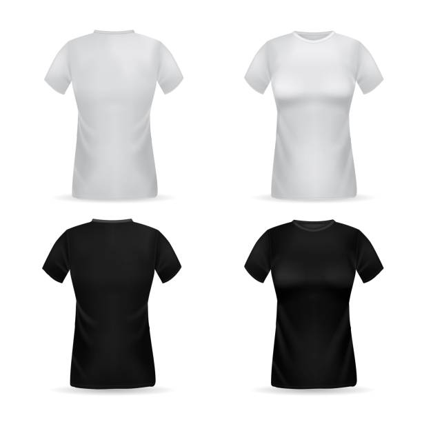 istock T-shirt. Realistic female top garment. 3D black or white women clothes. Front and back view of cotton sportswear with short sleeves. Clothing mockup for branding. Vector casual outfit 1326085928