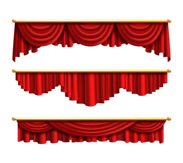 istock Red curtains. Realistic luxury curtain cornice set. Interior drapery textile, silk or velvet scene decoration. Theatre or circus fabric portiere design. Vector isolated on white objects 1326085959