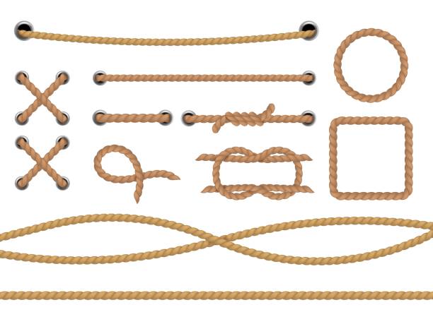 ilustrações de stock, clip art, desenhos animados e ícones de different ropes. realistic marine round and square rope border. jute or hemp cordage frames, curve and straight lasso, round twine loop and knot isolated decorative elements vector set - cordão