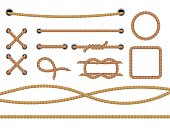 Different ropes. Realistic marine round and square rope border. Jute or hemp cordage frames, curve and straight lasso, round twine loop and knot isolated decorative elements vector set
