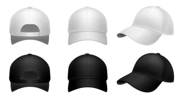 ilustrações de stock, clip art, desenhos animados e ícones de realistic baseball cap. black and white mockup hat front side and back view. men and women headwear, sport and casual blank clothers, marketing branding template. vector 3d isolated set - bone