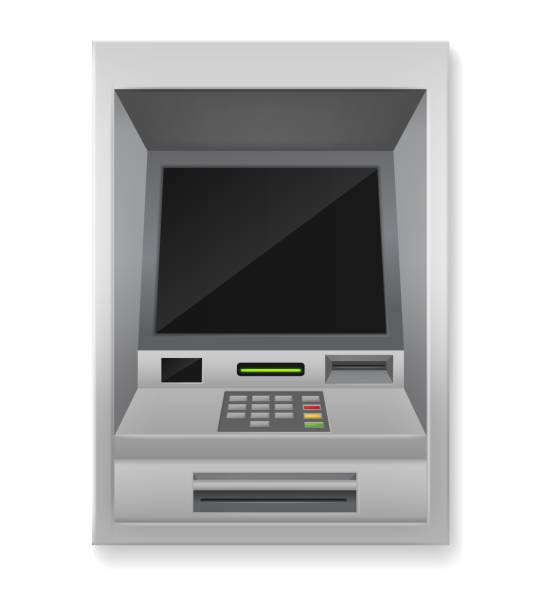 bankomat. realistyczna maszyna płatnicza. terminal bankowy 3d. zautomatyzowany sprzęt elektroniczny do transakcji finansowych za pomocą gotówki i kart kredytowych. wektorowe urządzenie cyfrowe z ekranem i przyciskami - atm stock illustrations