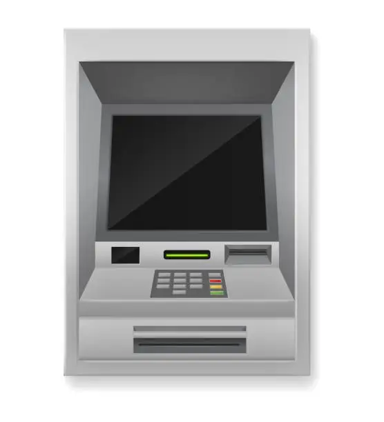 Vector illustration of ATM. Realistic payment machine. 3D banking terminal. Automated electronic equipment for financial transactions with cash and credit cards. Vector digital device with screen and buttons