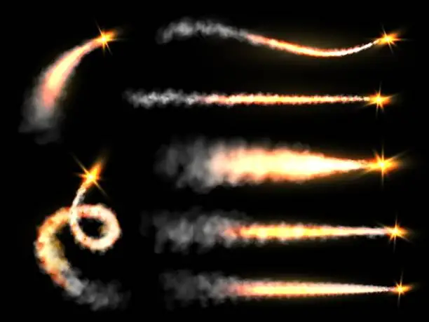 Vector illustration of Smoke rocket. Smoke jets trailing, fiery foggy trails jet airplane. Missile, shuttle or spaceship strait and curve contrail, comet or meteor falling in space. Vector isolated on black set