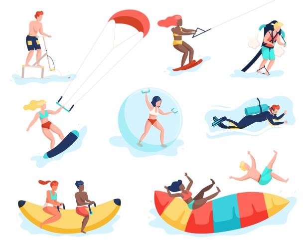 Water activities. People doing beach sports. Men and women having fun on marine attractions. Persons windsurfing and diving. Tourists riding banana or jumping on trampoline, vector set Water activities. Cartoon people doing extreme beach sports. Men and women having fun on marine attractions. Persons windsurfing and diving. Tourists riding banana or jumping on trampoline, vector set zorbing stock illustrations