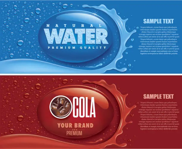 Vector illustration of Water and Cola background with splash and drops. Many fresh drops and splash on blue and red background with place for text