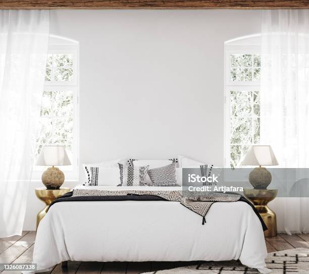 Mockup Frame In Luxury Hampton Style Bedroom Interior Stock Photo - Download Image Now