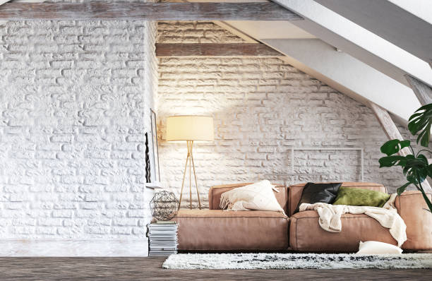 istock Rustic living room in attic, loft interior 1326087382