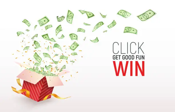 Vector illustration of Dollar paper currency explosion and flying out the box. Win money prizes vector banner. Gambling advertising illustration. Red gift box on white background