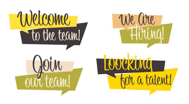 Recruitment agency special label, badge or emblem set Recruitment agency special label, badge or emblem set. Welcome join to team, we are hiring, looking for talent invitation in speech bubble vector illustration isolated on white background welcome team stock illustrations