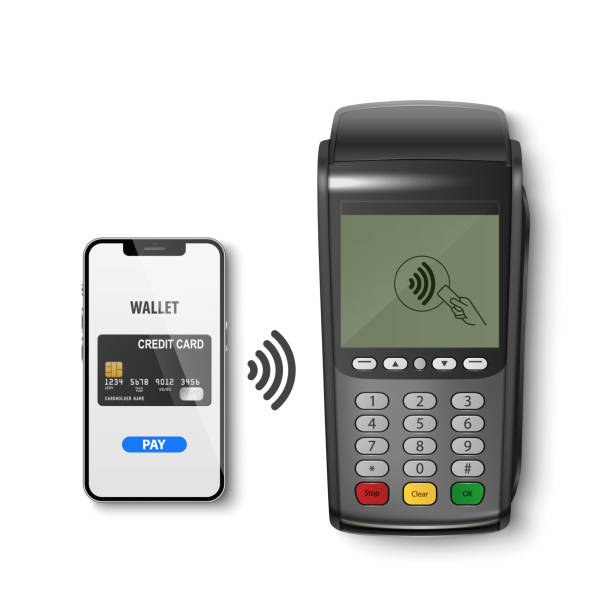 ベクトルリアルな3d支払いwi-fiブラックマシン、smarthone。pos端末、電話、クレジットカード分離。銀行支払ターミナル、電話、モックアップのデザインテンプレート。支払いデバイス。トップ - 交通輸送施設点のイラスト素材／クリップアート素材／マンガ素材／アイコン素材
