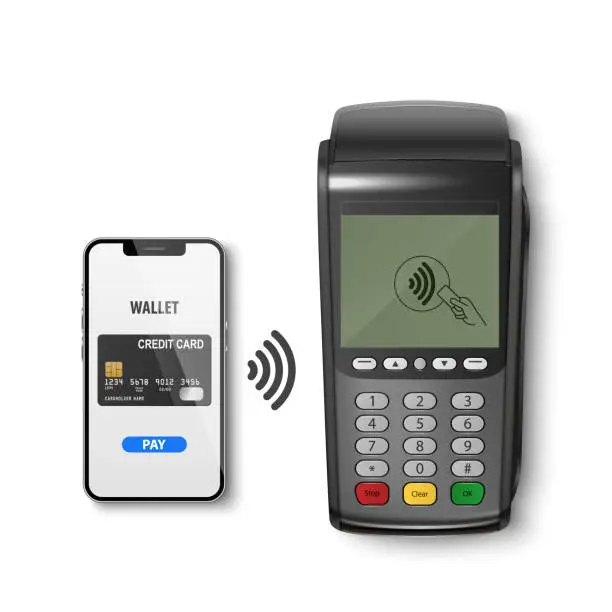 Vector illustration of Vector Realistic 3d Payment Wi-Fi Black Machine, Smarthone. POS Terminal, Phone, Credit Card Isolated. Design Template of Bank Payment Terminal, Telephone, Mockup. Payments Device. Top View