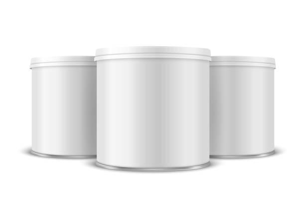 istock Three Vector 3d Realistic Blank White, Black Metal Tin Can with Lid, Canned Food, Potato Chips Packaging Set Isolated On White Background. Small Size. Design Template, Mockup. Front View 1326088807