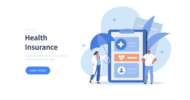 health insurance contract Doctor character holding umbrella and presenting health insurance contract. Medical consultation and diagnosis. Modern health care services and medicine concept. Flat cartoon vector illustration. claim form stock illustrations