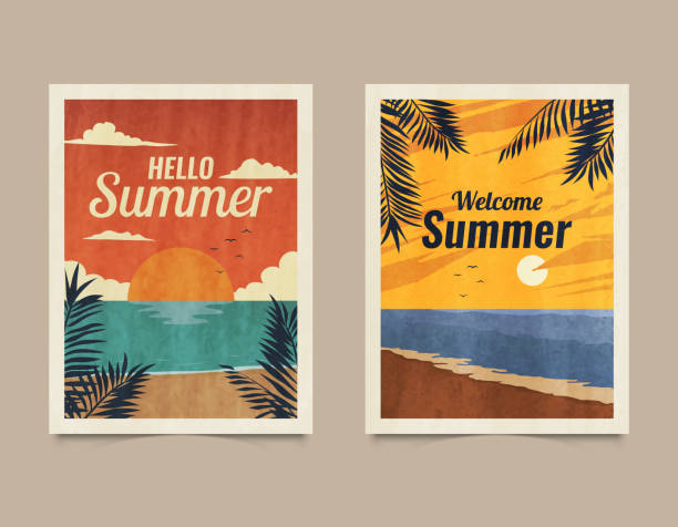 Summer tropical vector cards. Vacation posters in retro style. Backgrounds with summer tropical leaves, landscapes, sunsets and nature graphics