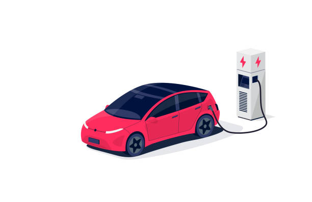 Modern Electric Car Charging Parking at the Charger Station Isometric electric car charging parking at the charger station with a plug in cable. Isolated flat vector illustration with fast charge stall and plug in cable. Electrified transportation e-motion. cartoon of the mobile phone charger stock illustrations