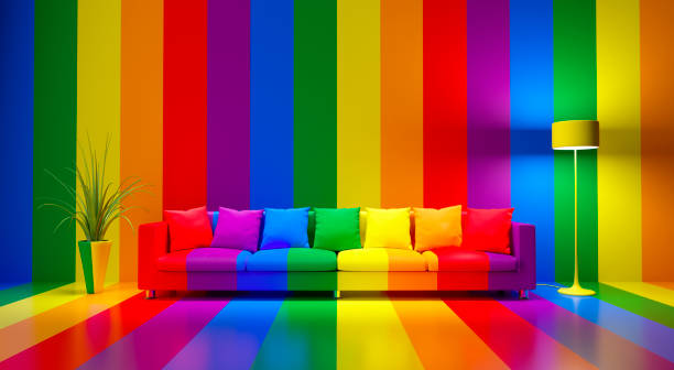 Living Room in Rainbow Colors Living Room with Sofa in Rainbow Colors Stripes - LGBTQIA Concept gay pride symbol photos stock pictures, royalty-free photos & images